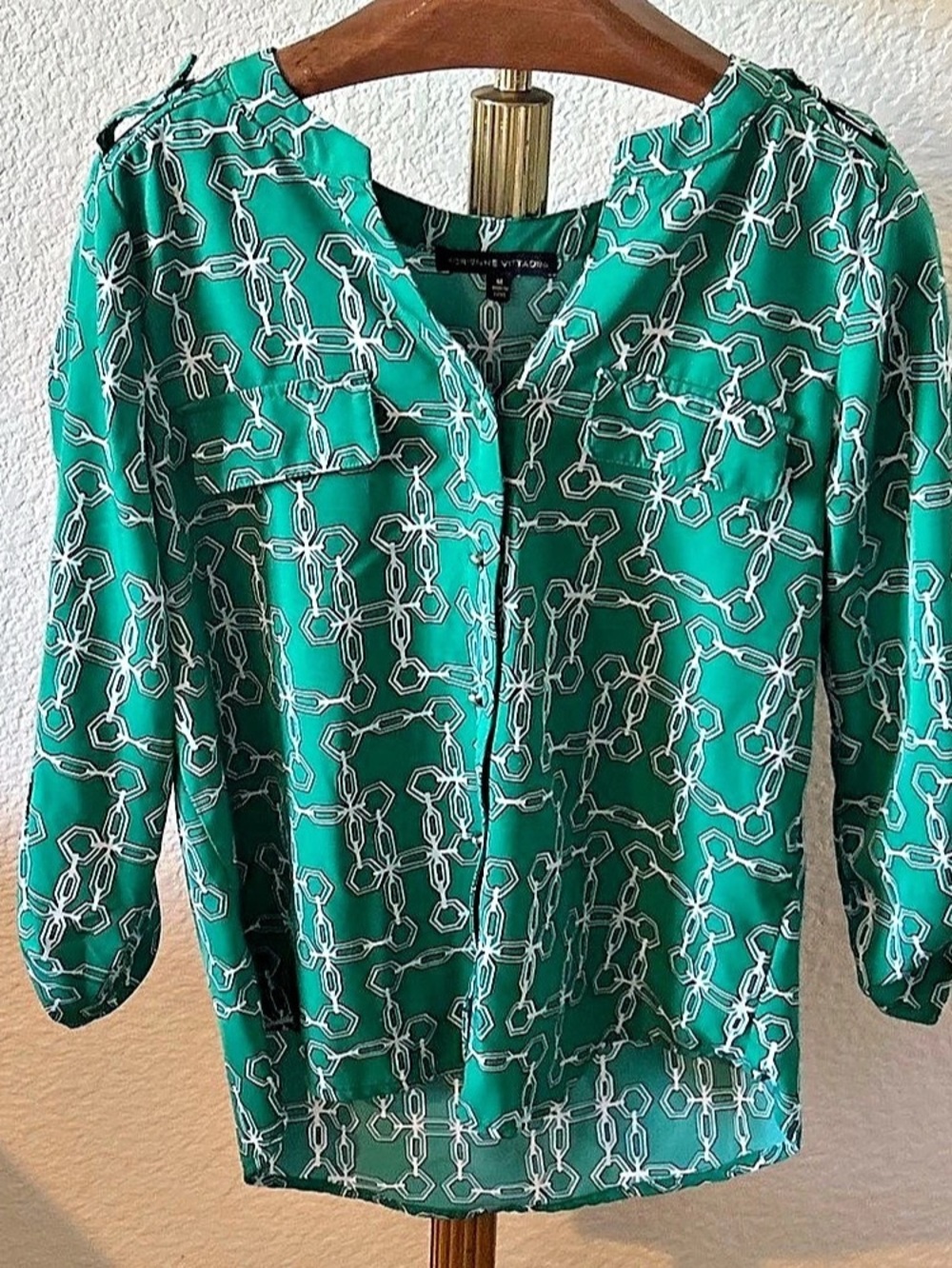 Adrienne Vittadini Geometric Green & White Blouse